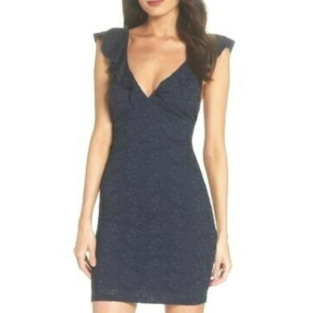Lulu’s Navy Lace Mini Dress Ruffle Sleeves sz L